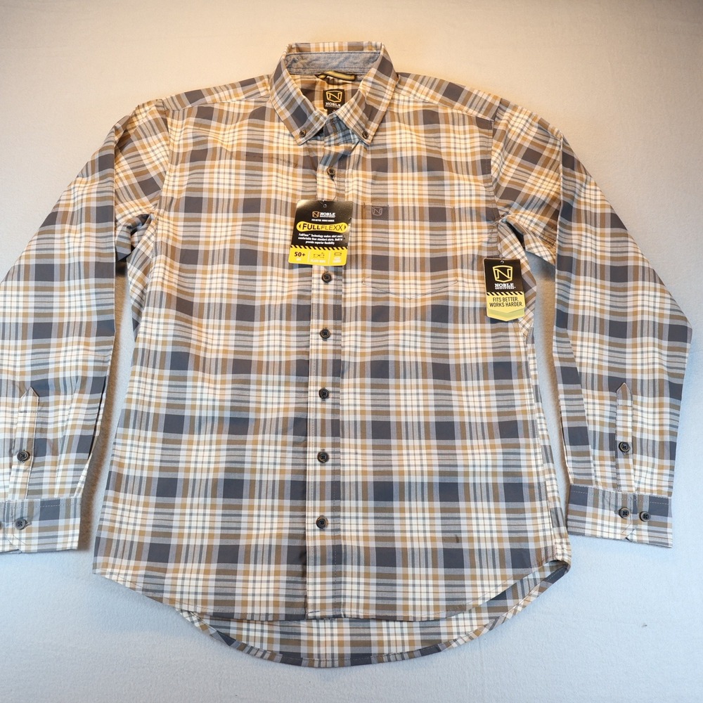 Noble Outfitters Mens FullFlexx Plaid Button Down Shirt Grey Tan UPF 50+ Medium